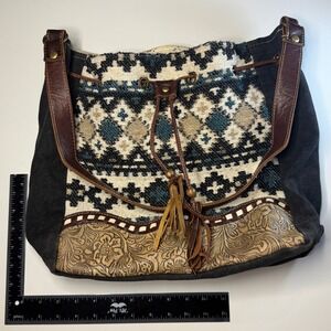 Boho Southwestern Tribal Pattern Shoulder Bag‎ Leather Fringe Tassels